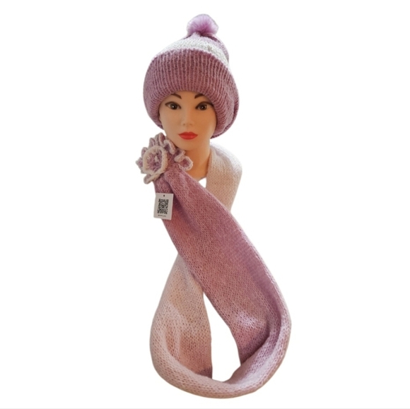 Hand Crafted 2pc Set Scaf & pom pom beanie purple crochet slauchy white striped - Picture 5 of 17